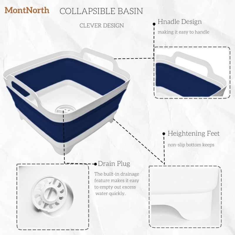 MontNorth Collapsible Wash Basin 9L, Foldable Dish Tub with Drain Plug, Portable Collapsible Dish Basin, Camping Sink for Washing Dishes, Laundry & Kitchen Use (Navy Blue) - Image 4